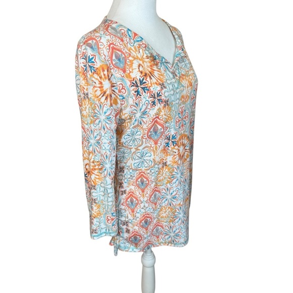 T By Talbots Orange Freshwater Medallion Split Neck Ruched Side Top Medium EUC - Picture 4 of 10